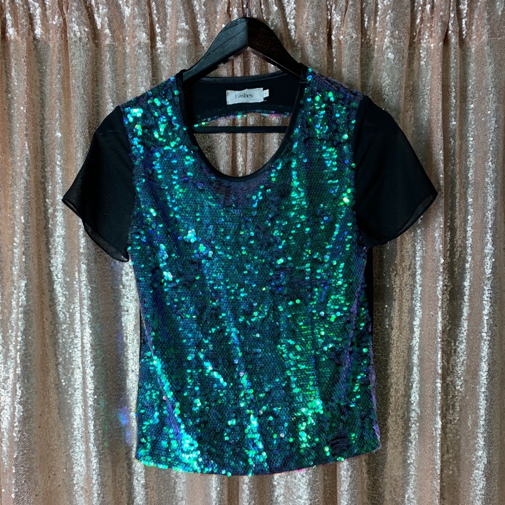 Lashes sequin mermaid tee mesh back UK 6